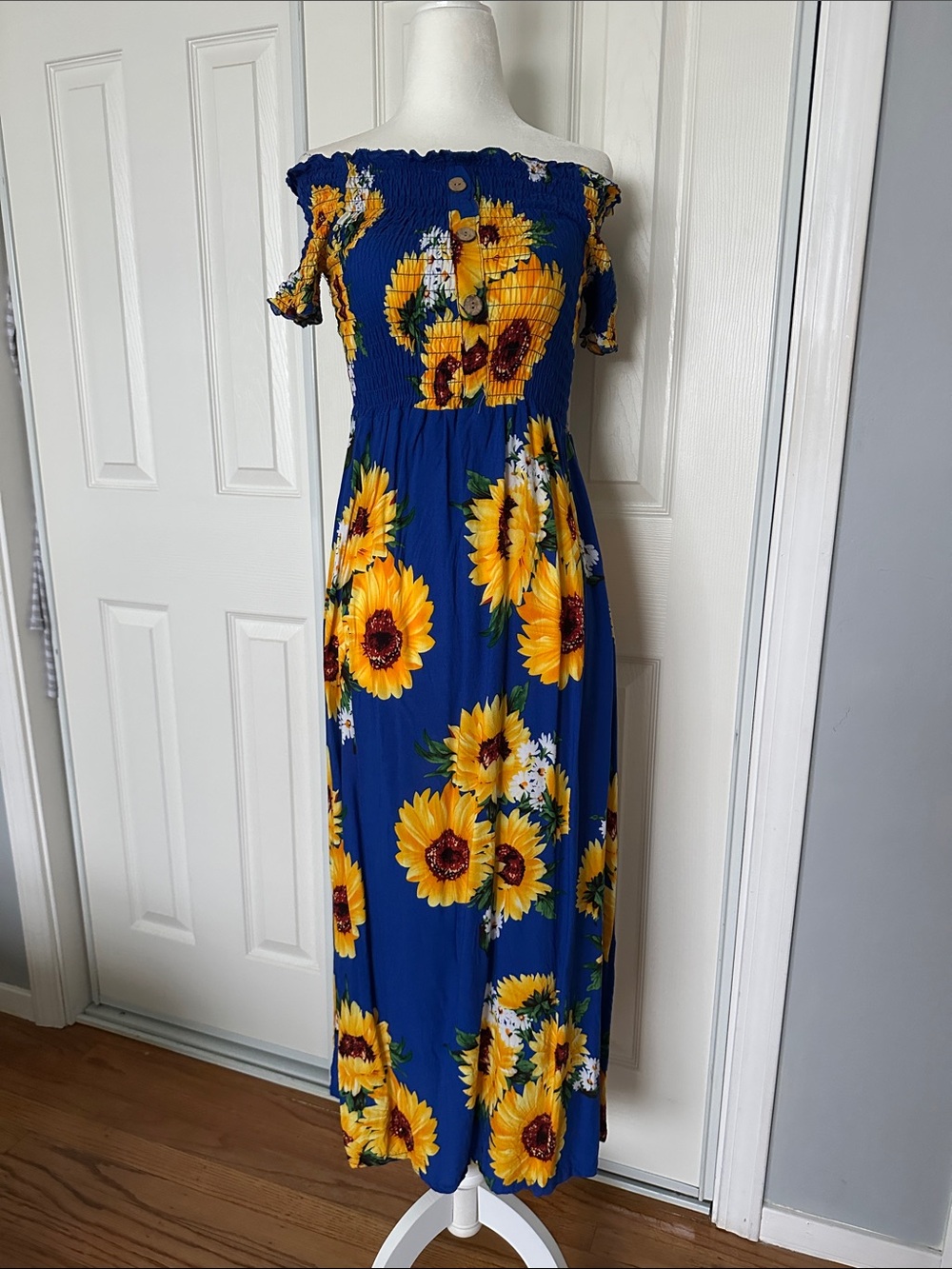 Blue Sunflower Off-Shoulder Maxi Dress